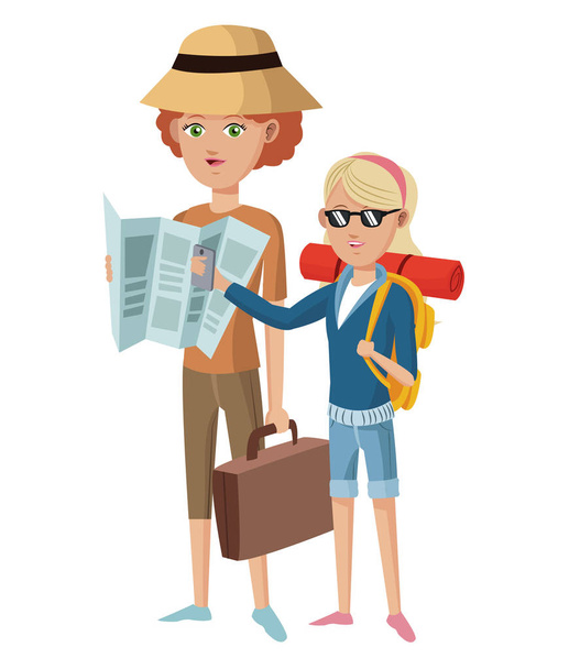 δύο γυναίκα τουριστικά ταξιδιώτη με βαλίτσα χάρτη καπέλο γυαλιά - Διάνυσμα, εικόνα