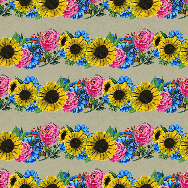Seamless pattern with blue yellow and pink flowers - Zdjęcie, obraz