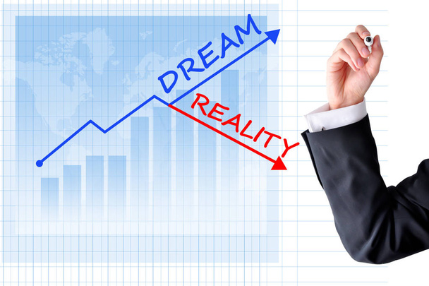 Üzleti álom vs valóság koncepció oszlopdiagramon és üzleti ember kéz - Fotó, kép