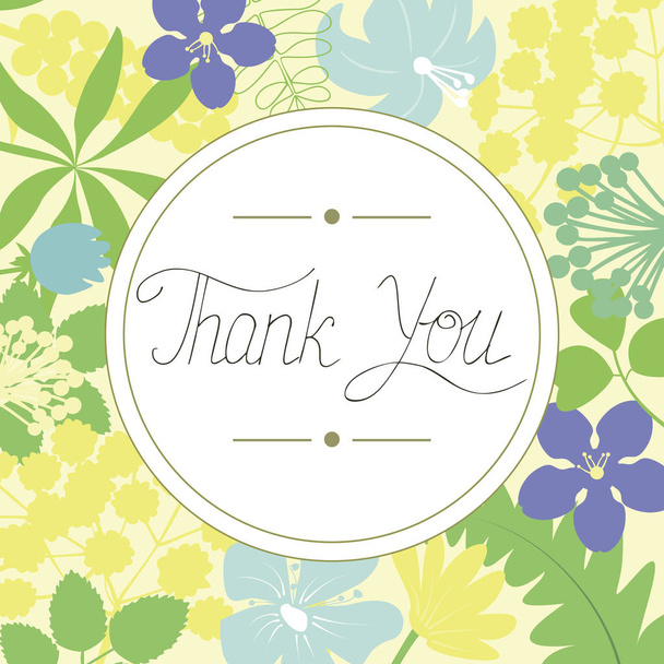 Inscription Thank you made in the circle on a floral background. - Vector, Imagen