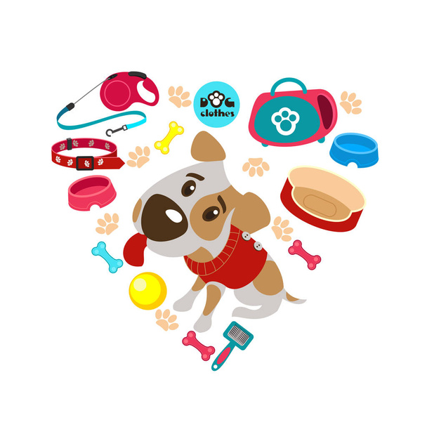 Collezione di accessori per cani, disposti a forma di cuore. Illustrazione vettoriale. Il Jack Russell Terrier. Prodotti per cani
 - Vettoriali, immagini