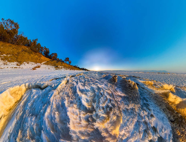 Aerial panorama of snow sunrise wave on the shore of Olkhon. Bai - Photo, image