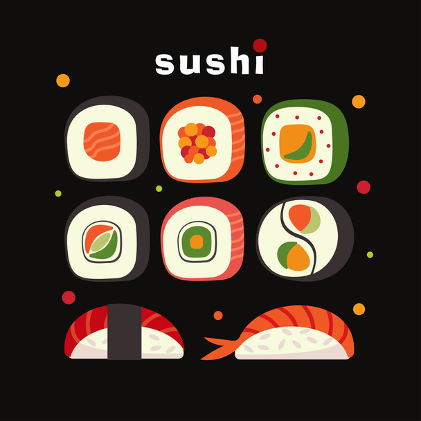 Set of sushi vector, illustration. Asian food. Isolated on a black background. - Vektor, obrázek