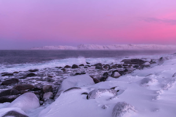 Snowy coast of Barents Sea in Teriberka, Murmansk Region, Russia - Foto, afbeelding