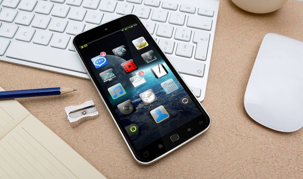 Современный мобильный телефон на столе 3D рендеринг
 - Фото, изображение