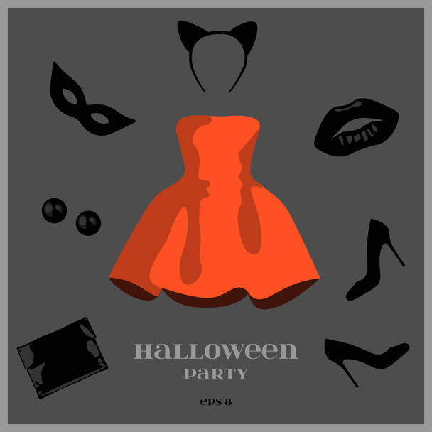 Conjunto de ropa de Halloween: un vestido rojo, zapatos negros, un embrague negro, pendientes negros, máscara de mascarada y banda para el cabello
 - Vector, imagen