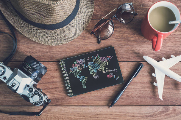 Traveler's accessories and items with black notebook and copy sp - Fotó, kép
