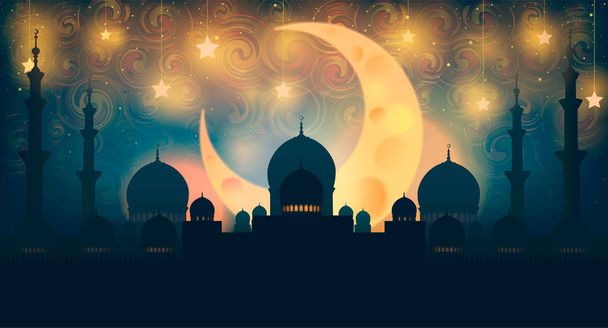 silueta de mezquita en el cielo nocturno con luna creciente y estrella
 - Vector, imagen
