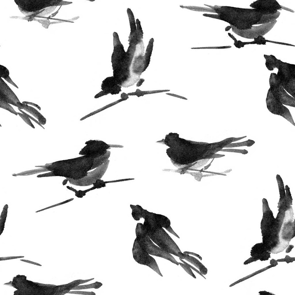 Watercolor ink sumi-e bird seamless pattern - Foto, immagini