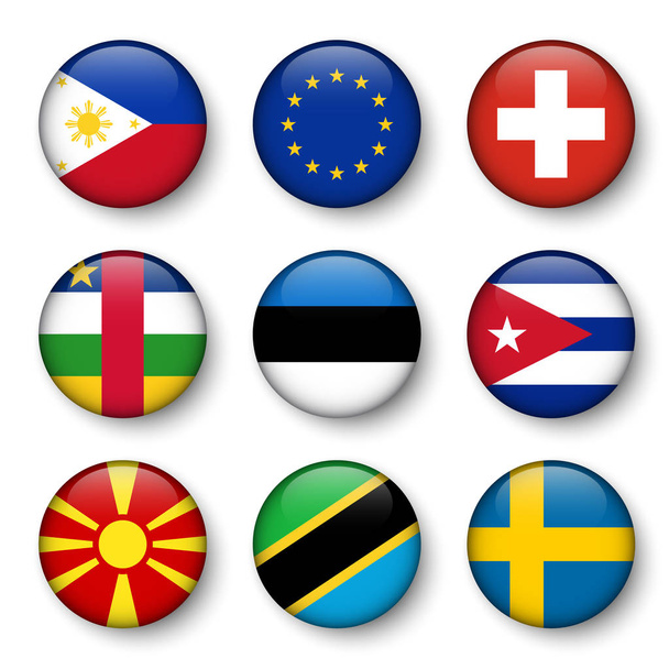 Set of world flags round badges ( Philippines . European union (EU) . Switzerland . Central African Republic . Estonia . cuba . Macedonia . Tanzania . Sweden ) - Vector, imagen