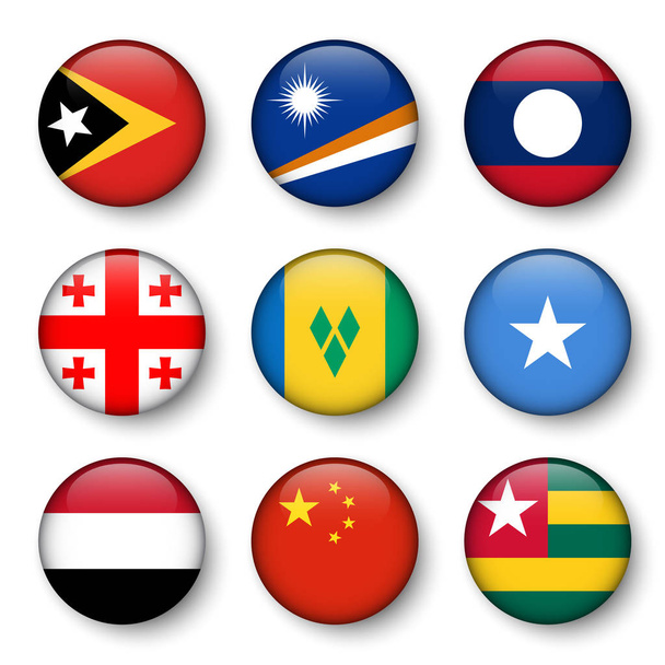 Set of world flags round badges ( East Timor . Marshall Islands . Laos . Georgia . Saint Vincent and the Grenadines . Somalia . Yemen . China . Togo ) - Vettoriali, immagini
