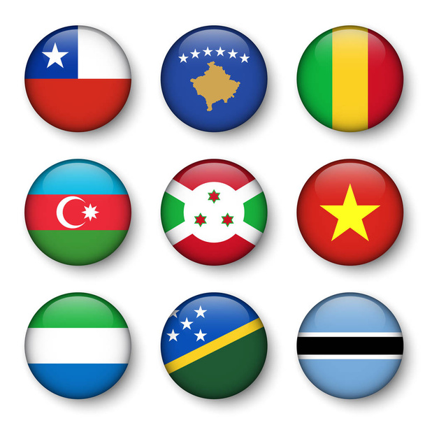 Set of world flags round badges ( Chile . Kosovo . Mali . Azerbaijan . Burundi . Vietnam . Sierra Leone . Solomon Islands . Botswana ) - Vecteur, image