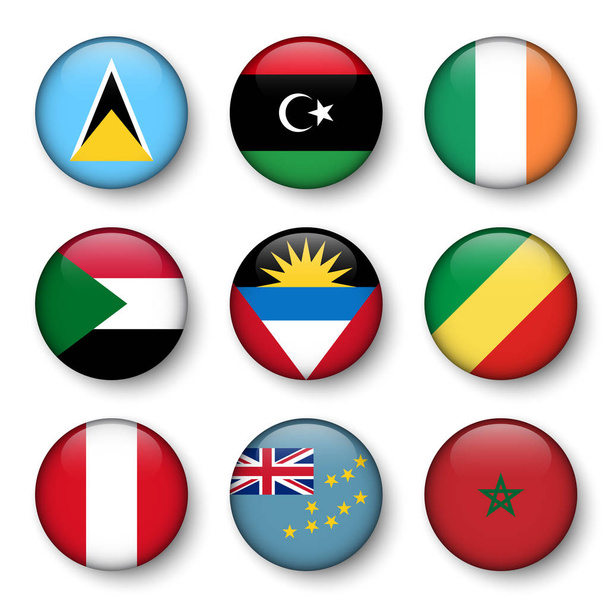 Set of world flags round badges ( Saint Lucia . Libya . ireland . Sudan . Antigua and Barbuda . Republic of the Congo . Peru . Tuvalu . Morocco ) - Вектор,изображение