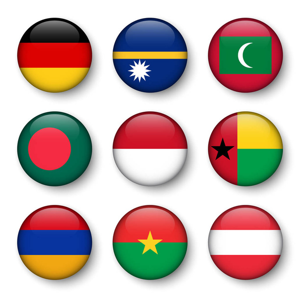 Set of world flags round badges ( Germany . Nauru . Maldives . Bangladesh . Indonesia . Guinea-Bissau . Armenia . Burkina Faso . Austria ) - Vettoriali, immagini