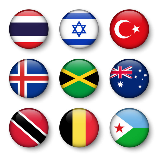 Set of world flags round badges ( Thailand . Israel . Turkey . Iceland . Jamaica . Australia . Trinidad and tobago . Belgium . Djibouti ) - Vettoriali, immagini