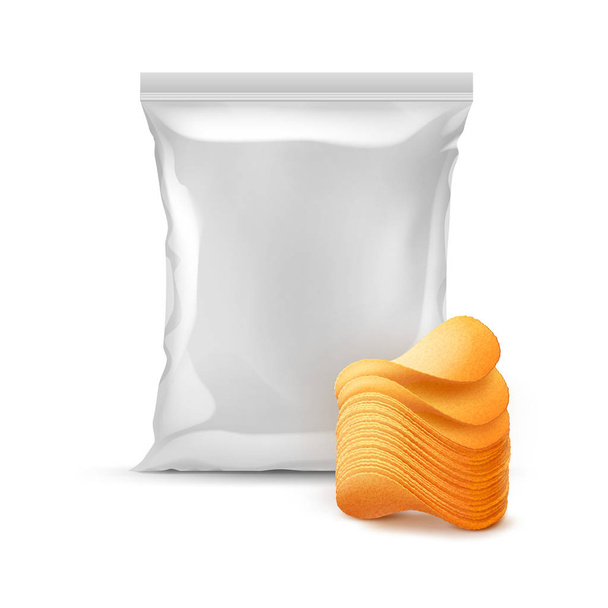 Vektor vertikal versiegelte Folie Plastiktüte für Verpackungsdesign mit Stapel von Kartoffel knusprigen Chips in Nahaufnahme isoliert auf weißem Hintergrund - Vektor, Bild