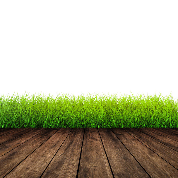 wooden floor with green grass - Foto, Imagem
