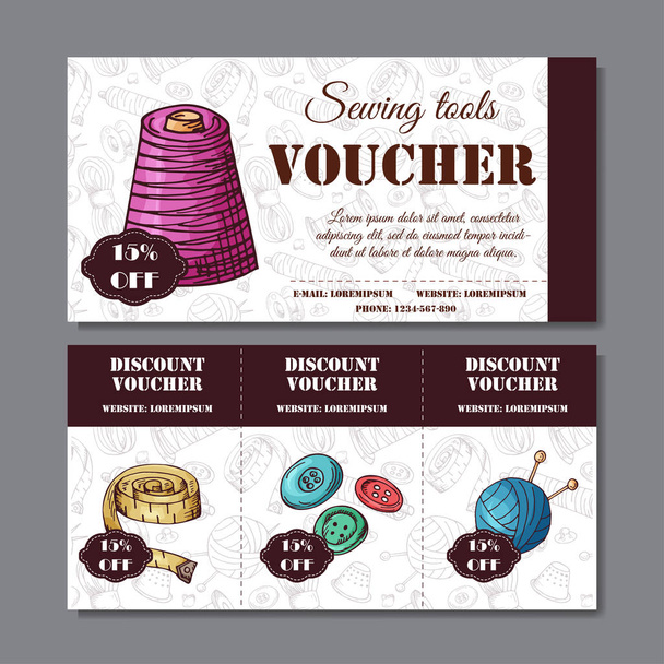 Sewing discount. Voucher for your business in sketch style. Modern template with sewing devices. - ベクター画像