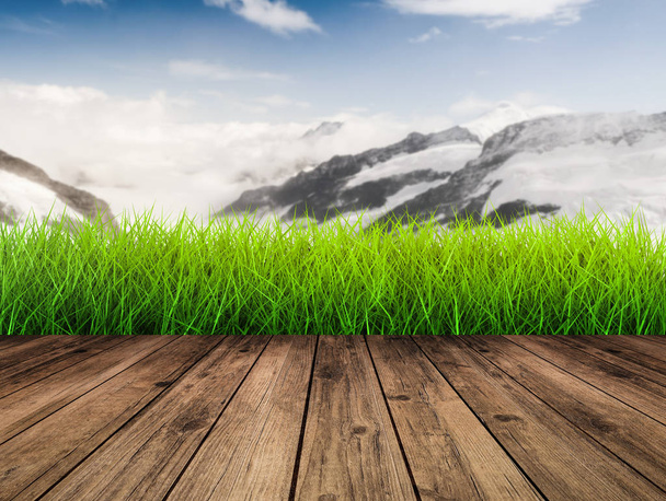 ξύλινο πάτωμα με πράσινο γρασίδι - Φωτογραφία, εικόνα