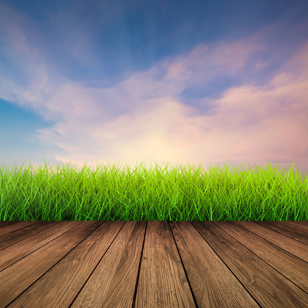 wooden floor with green grass - Photo, Image