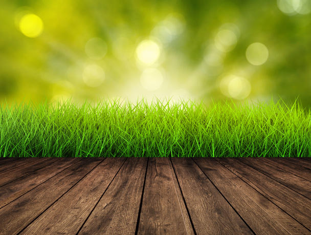 drewniana podłoga z zielonej trawie - Zdjęcie, obraz