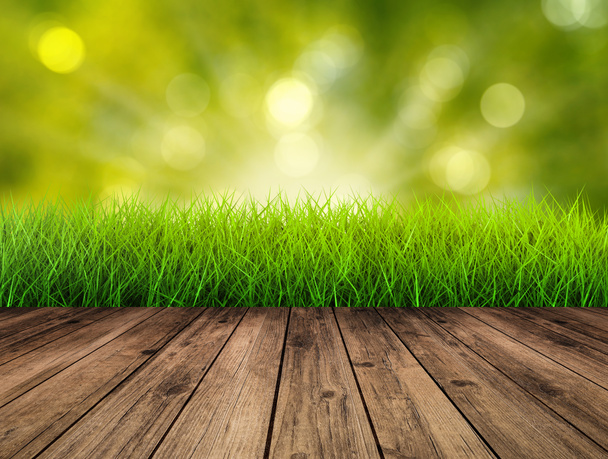ahşap zemin ile yeşil çimen - Fotoğraf, Görsel