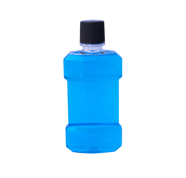 Blue water of mouthwash bottle isolate on white background - Photo, Image