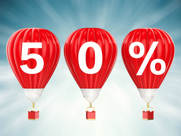50% Verkaufsschild auf roten Heißluftballons - Foto, Bild