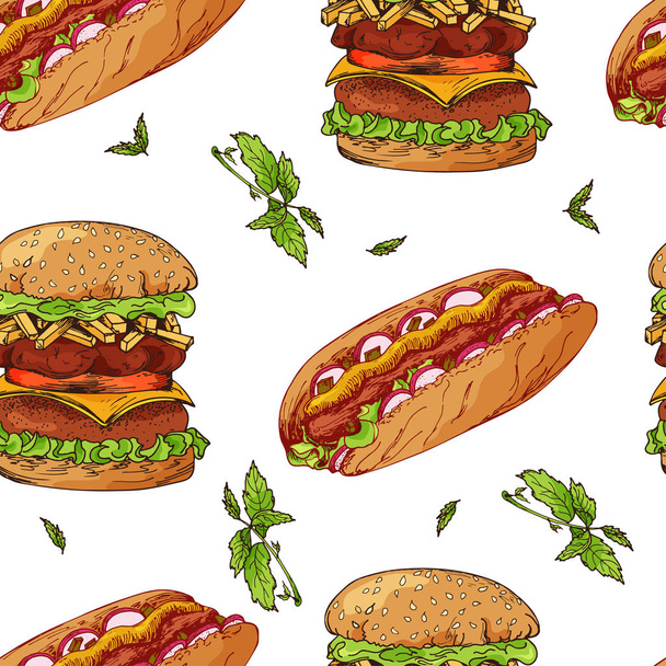 Fast food pattern. Hand draw retro illustration. Vintage design. - Vektor, obrázek