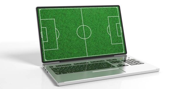 3D rendering soccerball veld op een laptop - Foto, afbeelding