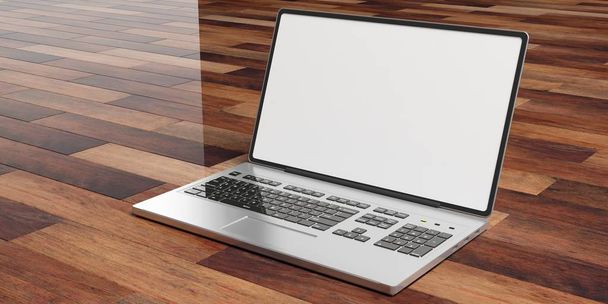 3D rendering laptop op houten achtergrond - Foto, afbeelding