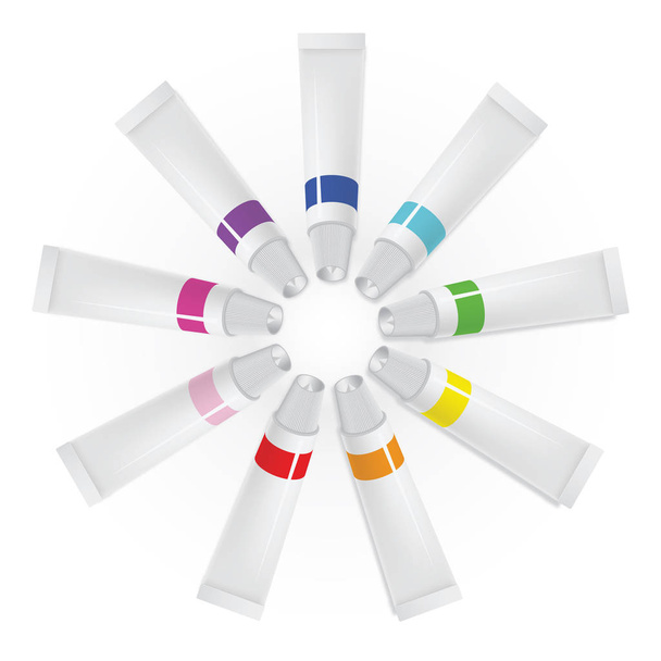 Tubes of paint in the shape of circle on white background on white background - Vektor, Bild