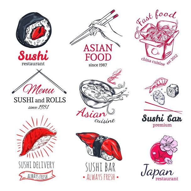 Asian Food Sketch Badges Set - Vektor, obrázek