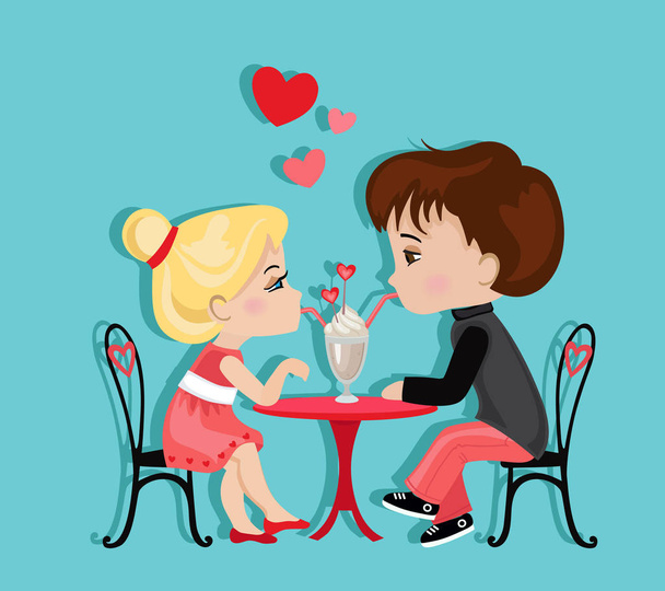 Cute girl and boy in cafe. Valentine's Day. Love card. - Vector, Image