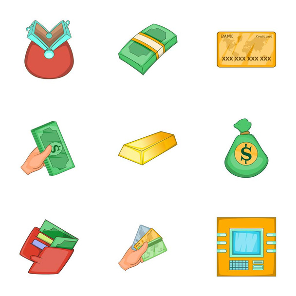Types of money icons set, cartoon style - Vektor, Bild
