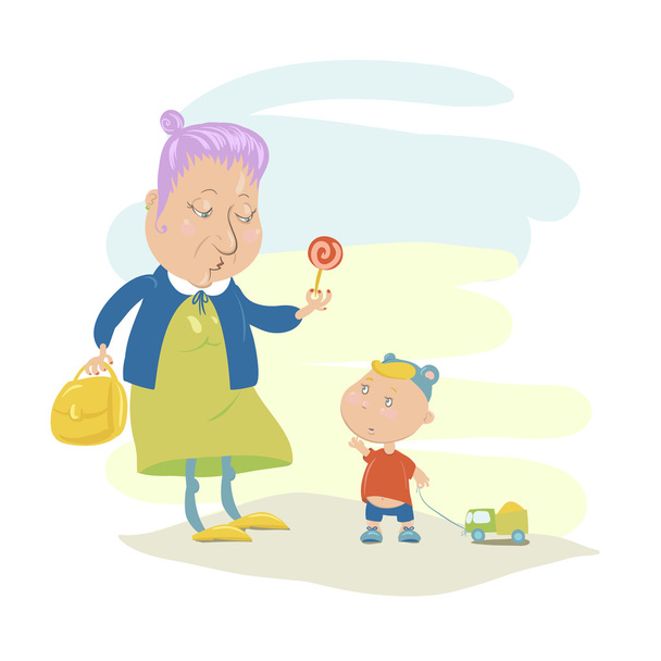 Old Woman Giving Lollypop to a Boy - Vector, Image