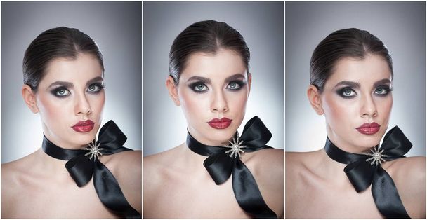 Hairstyle and Make up - beautiful female art portrait with black ribbon. Elegance. Genuine Natural brunette with ribbon - studio shot. Portrait of a attractive woman with beautiful eyes and red lips - Photo, Image