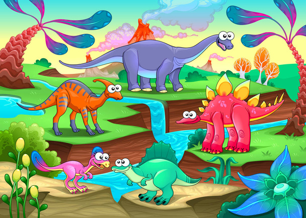 Group of funny dinosaurs in a prehistoric landscape - Vector, Image
