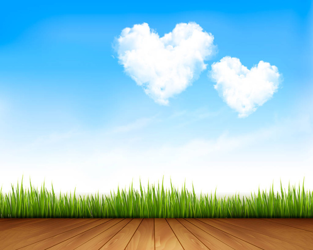 Blue sky with hearts shape clouds and wooden plank. Vector illus - Vecteur, image