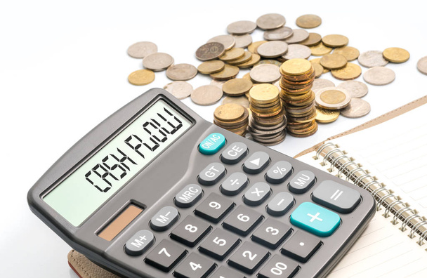 Coins and calculator with financial conceptual text - Photo, Image