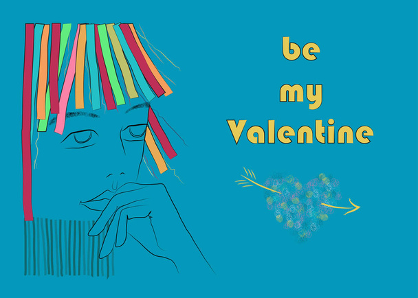 Be my Valentine. Girl with colorful hair - Vector, Image