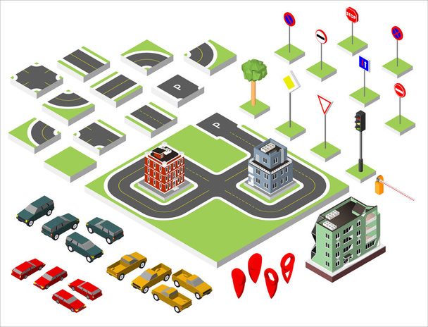 Set Isometric road and Vector Cars, Common road traffic regulatory, Building with a windows and air-conditioning. Vector illustration eps 10 isolated on white background. - Vector, Image