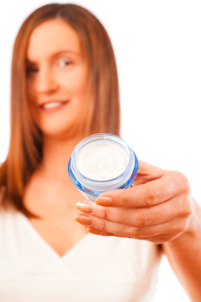 Anti-ageing Concept: Woman In Her Forties With Skin Cream - Photo, Image