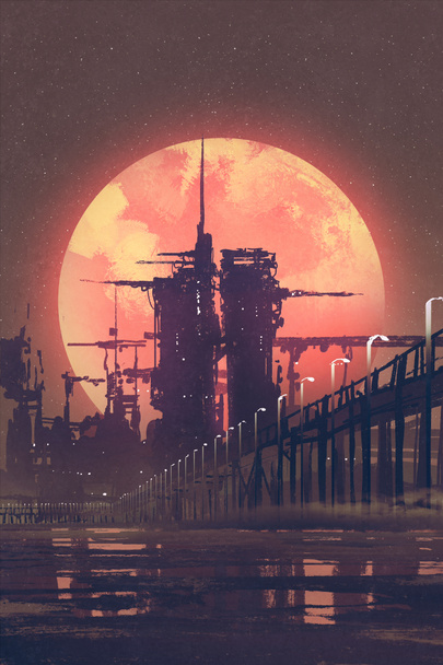 ciudad futurista con planeta rojo en el fondo
 - Foto, imagen
