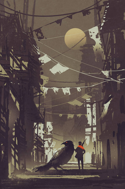 the traveler with his crow in abandoned city  - Photo, Image