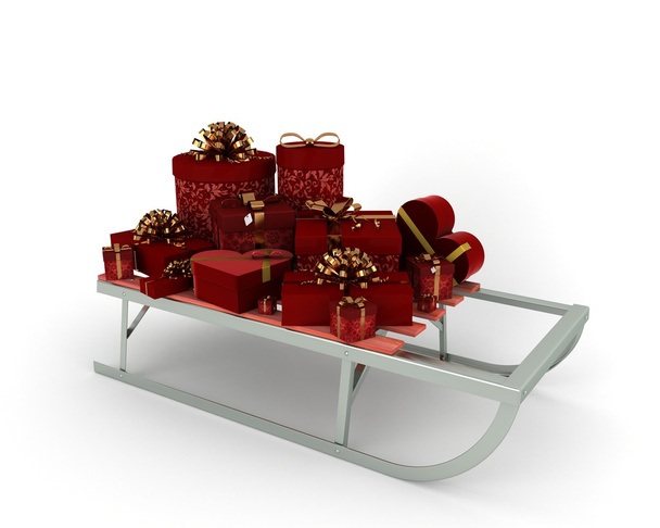Trineo de invierno con muchos regalos rojos con cintas de oro aisladas sobre fondo blanco
 - Foto, imagen