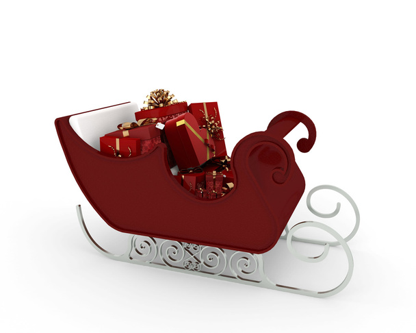 Санки Санта-Клауса со многими красными подарками с золотыми лентами изолированы на белом фоне
 - Фото, изображение