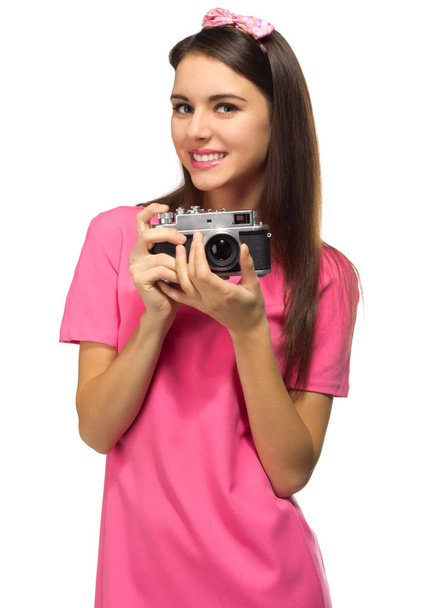 Young girl with camera isolated - Foto, Imagem