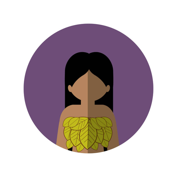 Kreis mit halbkörperlicher Frau mit Blättern in Brust und mittlerem Schatten - Vektor, Bild