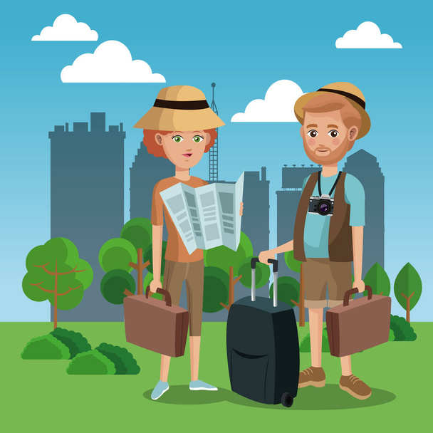 couple tourist map luggage camera hat green field city background - Vector, Image